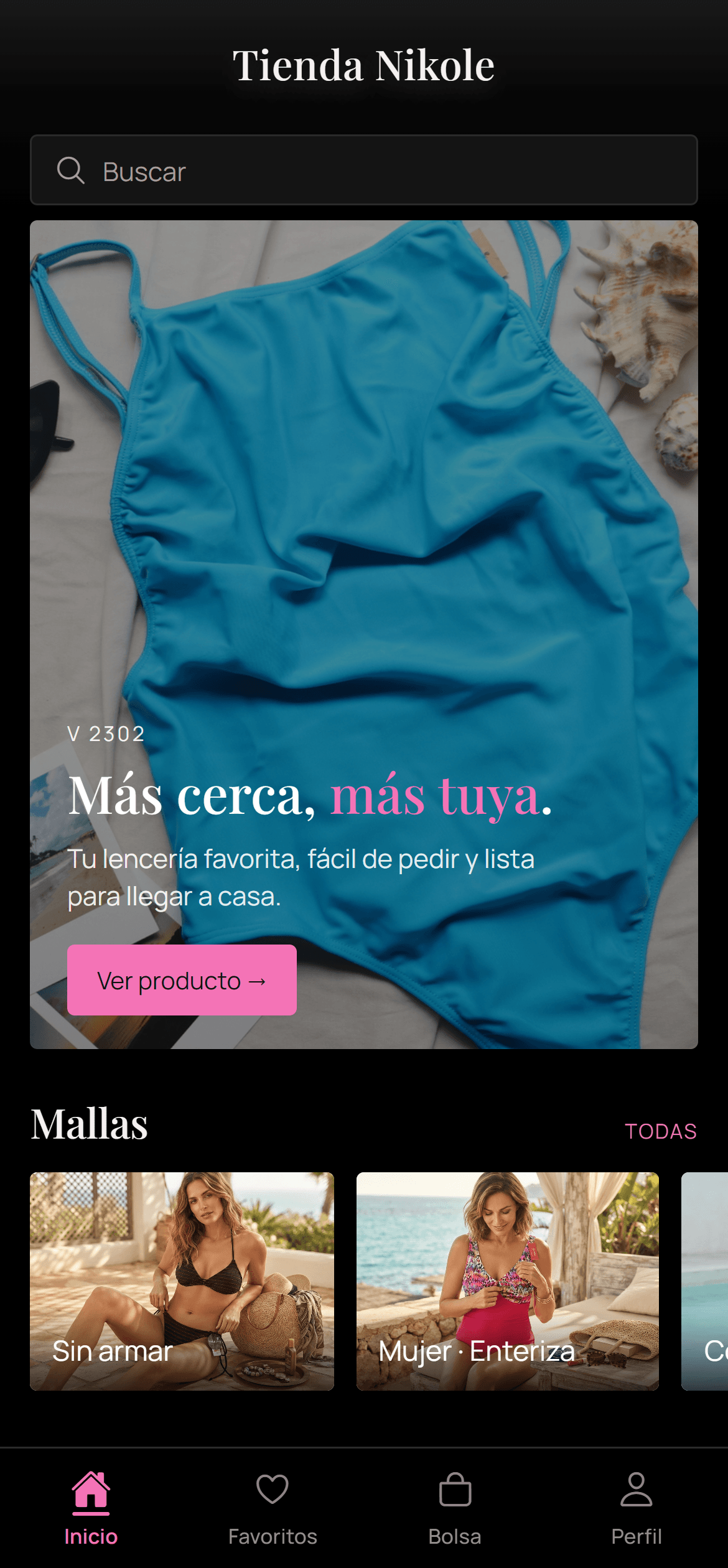 Inicio de la app Tienda Nikole con carrusel de novedades y categorías